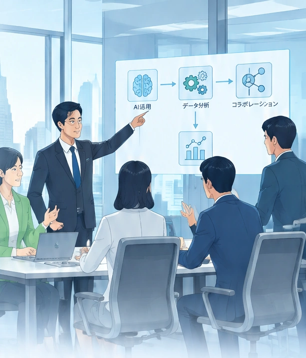 AI活用、データ分析、コラボレーションについて話し合うチーム